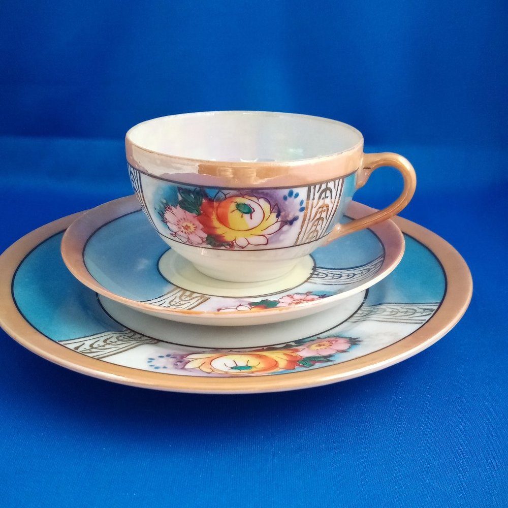 Vintage lusterware teacup,saucer and dish hand painted made in Japan.